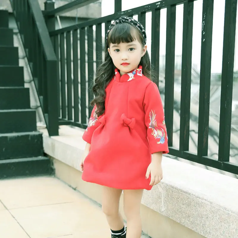 

Kids Embroidery Red Dress Qipao New Year Tang Costume Winter Spring Princess Casual Dress Chinese National Festival Clothes