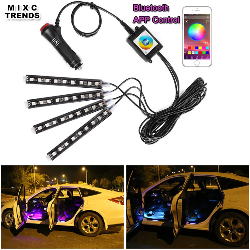 4Pcs Bluetooth APP Control Car RGB LED Strip Lights Car Styling 9 led