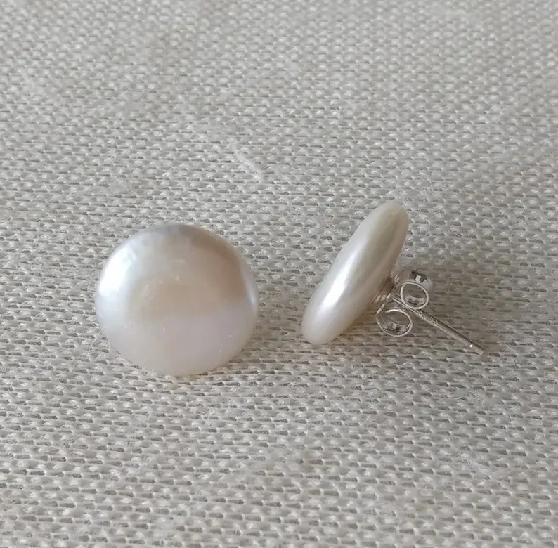 Gioielleria Unica Di Perle, Orecchini Di Perle A Moneta 12-13Mm Moneta Di Colore Bianco Gioielli Di Perle D'Acqua Dolce Orecchini A Bottone In Argento
