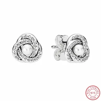 

Authentic 925 Sterling Silver Luminous Love Knots Stud Earrings for Women with Sparkling Ribbons and White Crystal Pearls FLE087