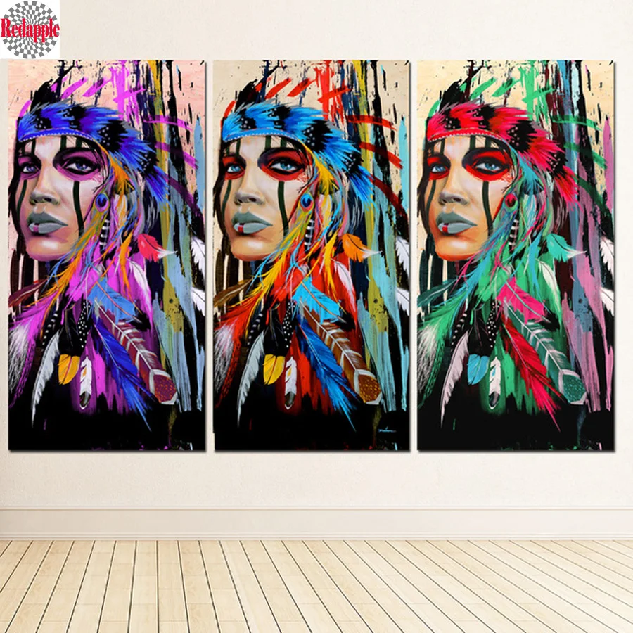 

Modern Native American Indian Girl Feathered diamond Painting 3pcs/set embroidery round mosaic cross stitch Home Decor painting