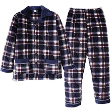 Зимняя мужская Хлопковая пижама с зажимом, костюм с длинными рукавами и отложным воротником, пижама, Толстая теплая Пижама большого размера, Мужская пижама из кораллового флиса