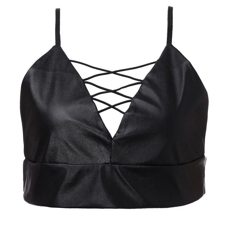 

Women Sexy PU Halter Bandage Bustier Bra Wet Look Crop Top Nightclub Clubwear