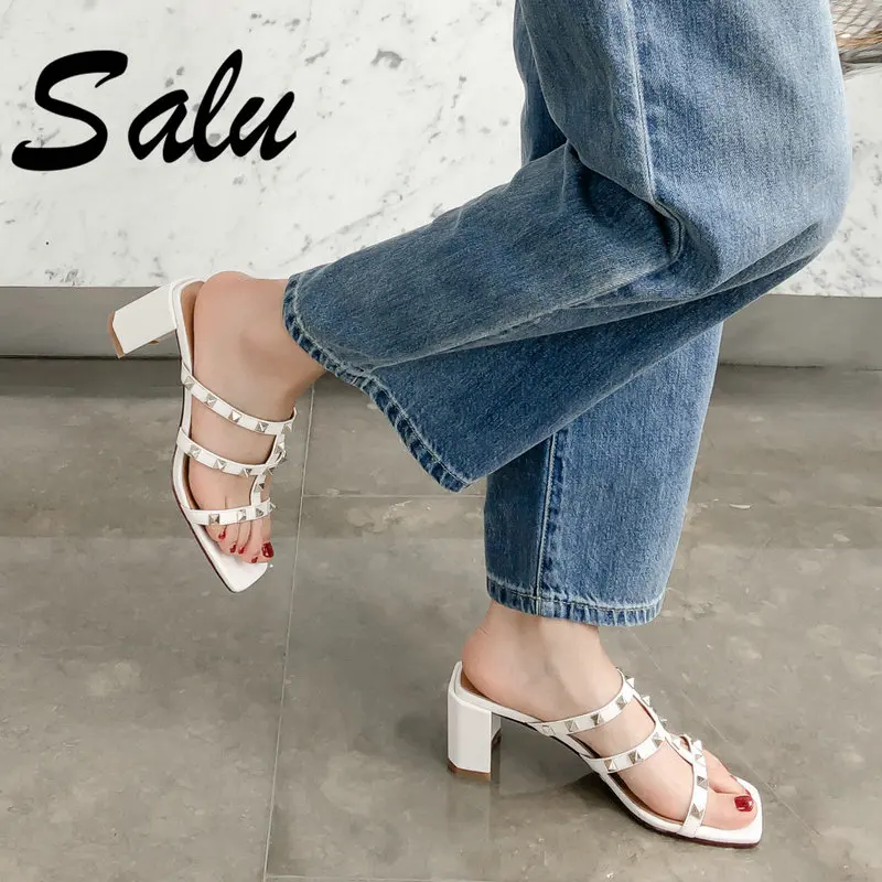 

Salu 2019 Elegant wedding Women Sandals Summer Genuine Leather Shallow Basic Shoes Woman Comfortable Fashion Size 39 40