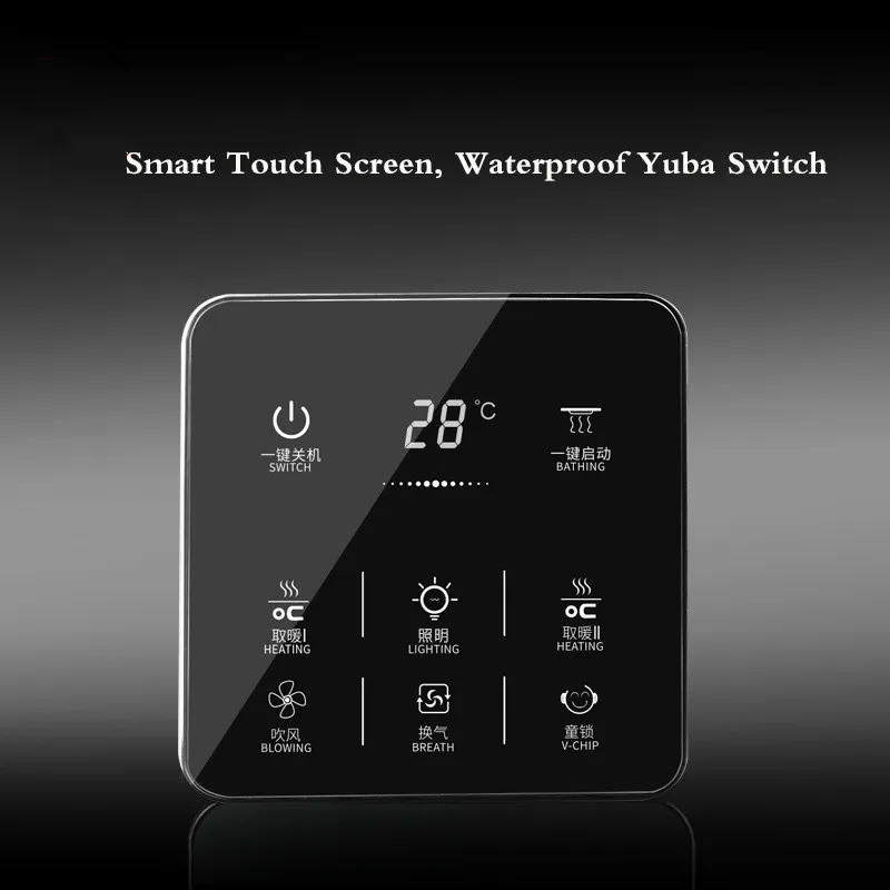 6 In 1 English menu Multifunction Smart Touch Yuba Switch Socket 6 Gang Bathroom Universal Waterproof Smart Touch Screen 86*86mm