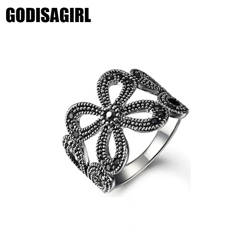

High Quality Hollow Out Crystal Rhinestone Flower ring Designer Famous Brand Women Ring Black
