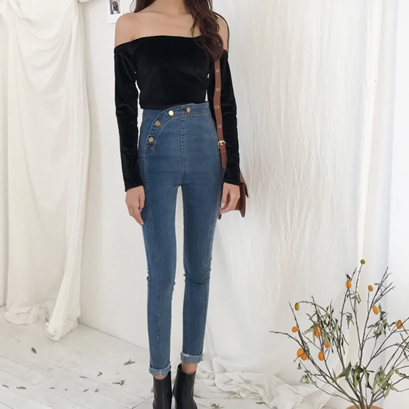 

2018 Autumn Jeans for Women High Waist Jeans Woman High Elastic plus size Stretch Jeans female washed denim skinny pencil pants