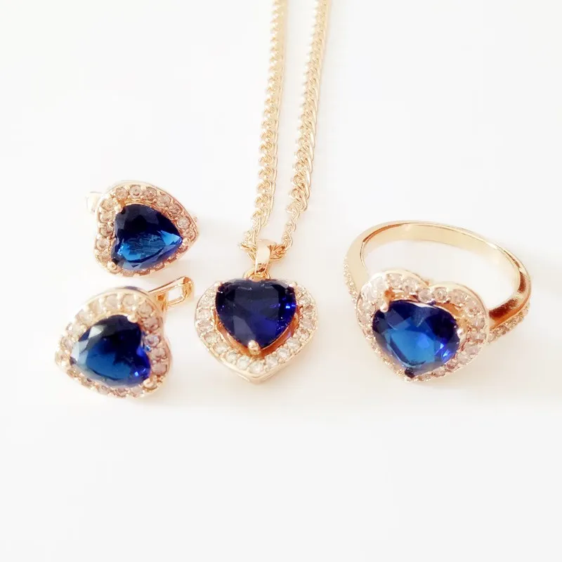 

Rose Gold Color Jewelry Set New Trendy Bridal Jewelry Sets Heart Shape Blue Zircon Earring Ring Wedding Jewelry Sets for Women