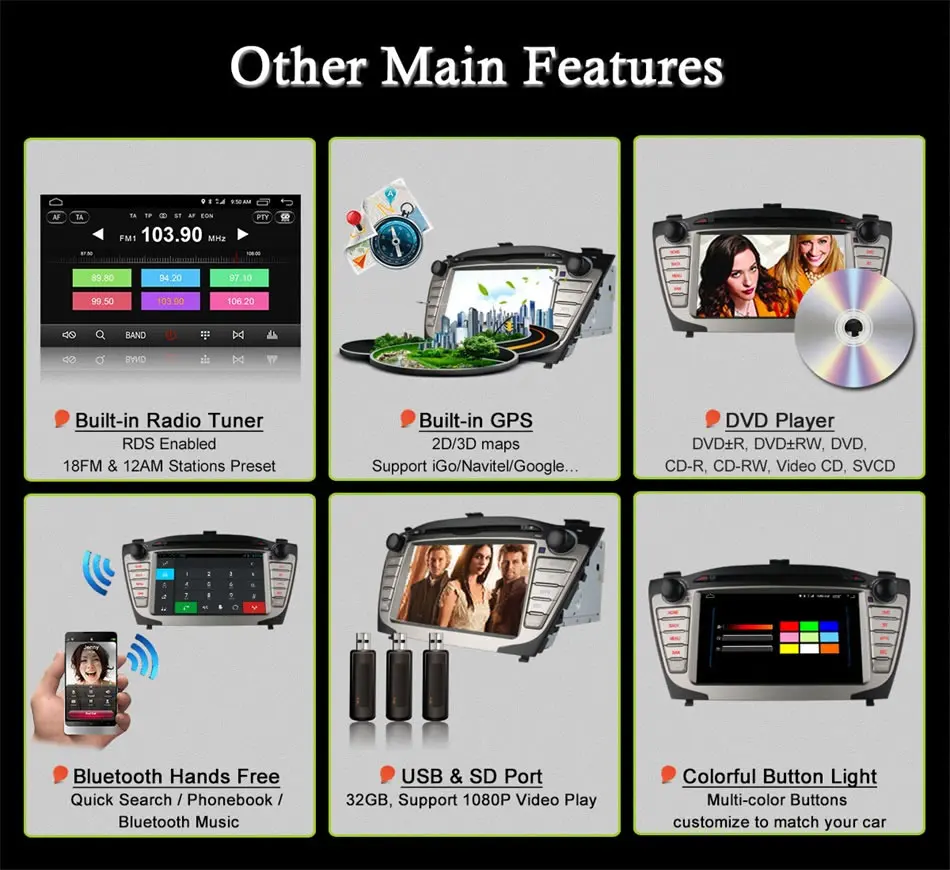 Excellent Quad core Android 6.0 Quad Core 2GB RAM 4G LTE WIFI Car DVD Player for Hyundai IX35 Tucson 2009-2014 Radio GPS Navigation BT 8