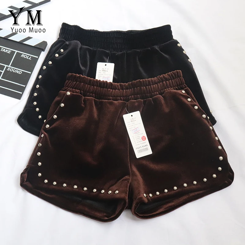 

YuooMuoo High Waisted Shorts for Women Autumn Winter Female Elastic Waist Punk Beading Shorts Casual Slim Shorts Femme Hot Sale