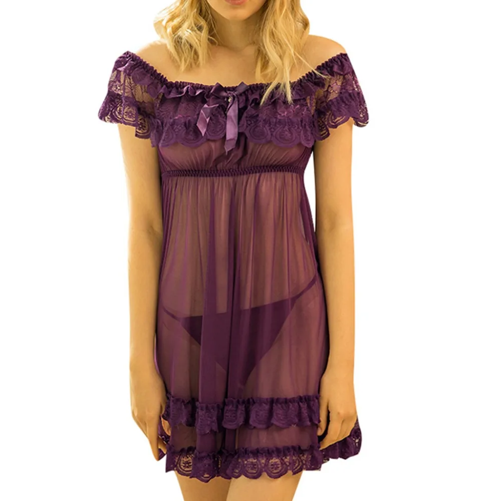 Горячая Распродажа размера плюс женская кружевная атласная ночная рубашка с коротким рукавом винтажная Пижама, пикантная сорочка ночная рубашка сорочка LD - Цвет: Фиолетовый