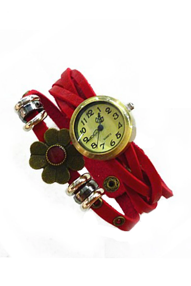 

YCYS-Women's Retro Weave Wrap Flower Faux Leather Bracelet Wrist Watch Red