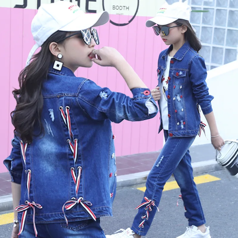 

2019 Spring Autumn Kids Girls Clothes Set Girls Fashion 3pcs Children Clothing Set Children Broken Hole Pants Girls Denim Set