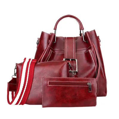Горячая распродажа 3 шт Ретро Женские однотонные кожаные сумки через плечо сумка+ сумка через плечо+ кошелек - Цвет: Wine