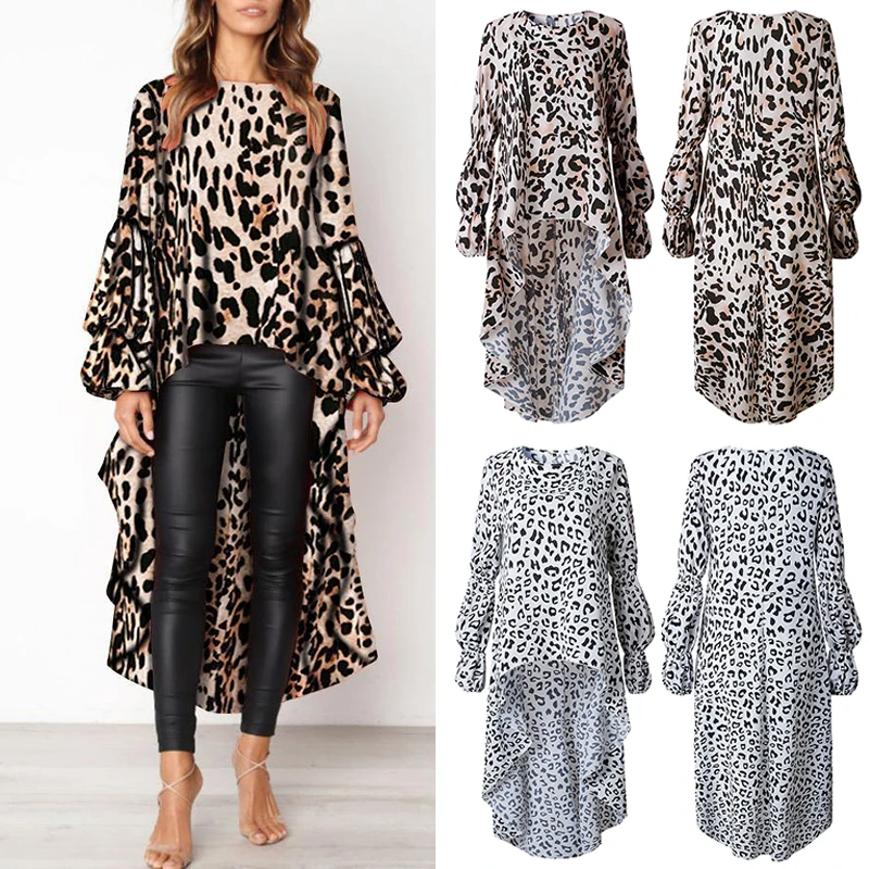 Women's Sexy Leopard Printing Dress 2019 Autumn Long Sleeve O-Neck Irregular Dresses Lantern Sleeve Female Casual Dress Vestidos