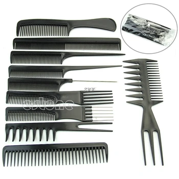 Billig 10Pcs Schwarz Pro Salon Haar Styling Friseur Plastic Barbers Pinsel Combs Set