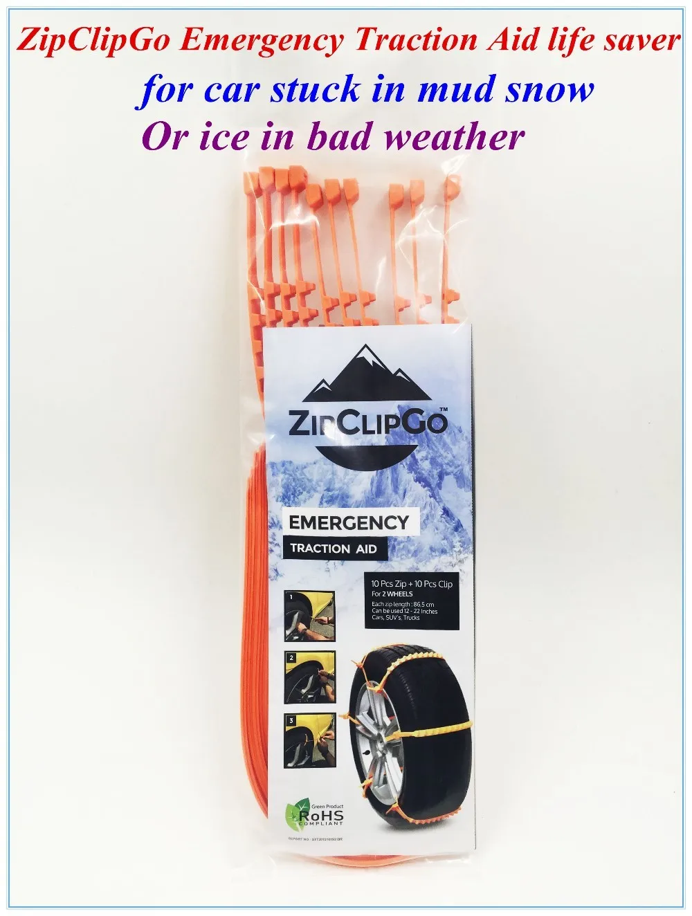ZipClipGo Life Saver---Emergency Traction Aid Tire Snow Chains---Anti Wheel Slip Chain