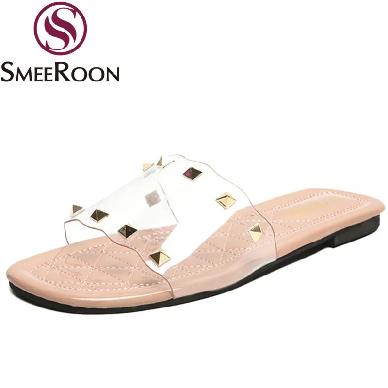 

Smeeroon fashion summer slippers women rivet flat with ladies shoes shallow PVC casual comfortable women shoes 2019
