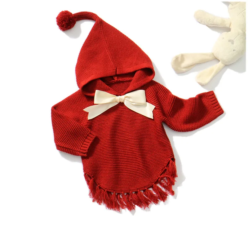 Свитера для новорожденных; одежда-накидка с капюшоном; дизайнерский свитер для маленьких девочек; осенний Повседневный вязаный джемпер с бантом для малышей; Детские кардиганы
