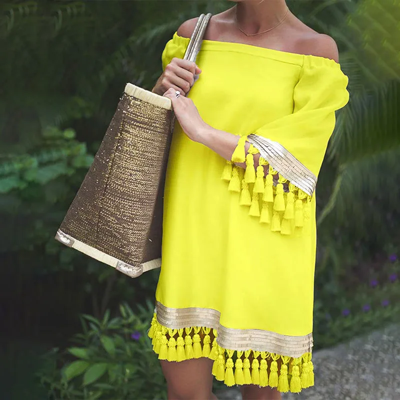 Женское мини-платье с открытыми плечами и рукавом 3/4, прямые Лоскутные женские платья с бахромой и кисточками, летняя однотонная винтажная одежда - Цвет: Цвет: желтый