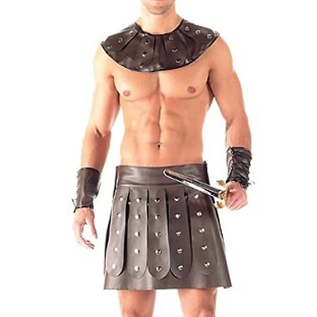 Beste Nieuwigheid Sexy Mannen Faux Lederen Outfit Kilt met Kraag Manchetten Gladiator Kostuum Cosplay Kleding Nachtclub Adult Play Party Set