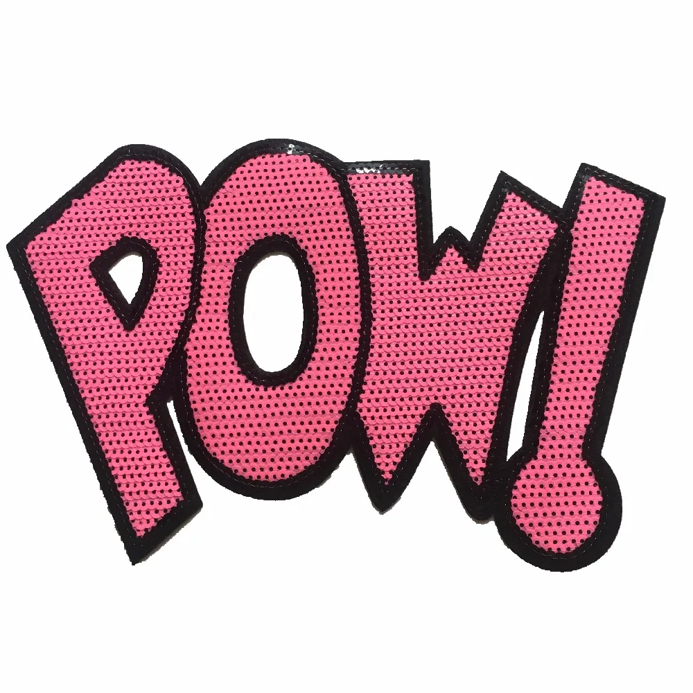 

New Arrival Pink Sequins POW! Letter Style Patches for Clothes Iron on Sequined Embroidery Patch Badge DIY Decoration Appliques