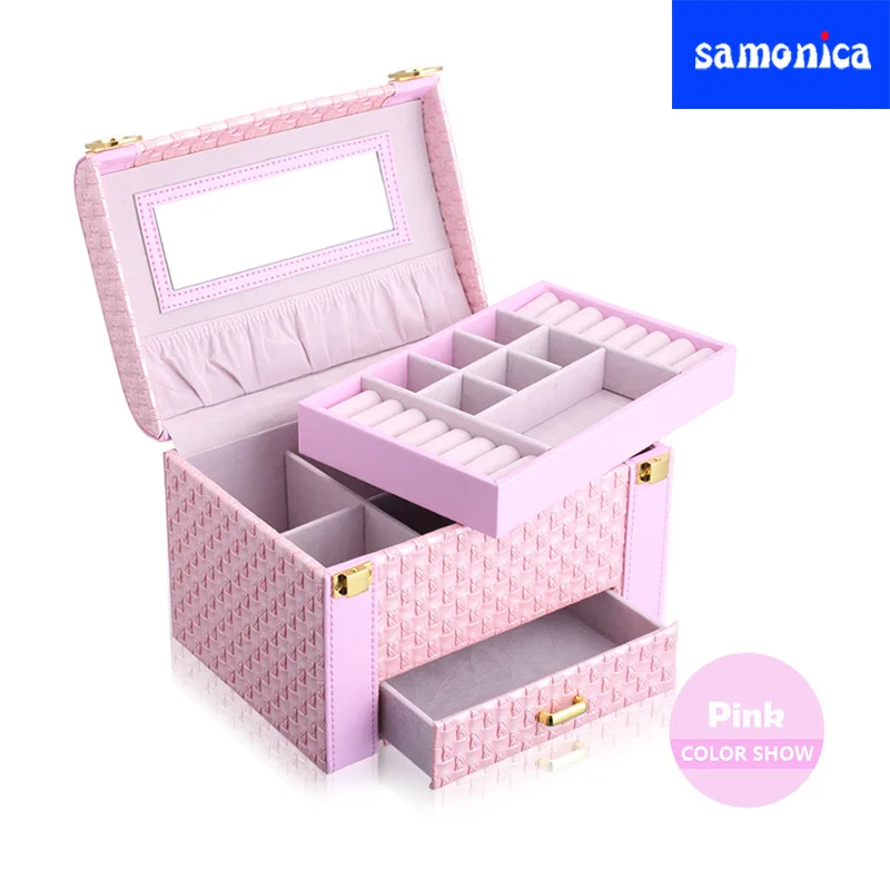 Новый большой емкости Розовый Модный портативный ящик для хранения ювелирных изделий тканый узор серьги кольцо коробка для хранения