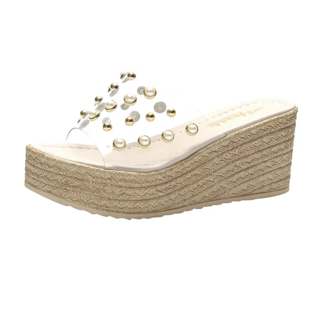 

SAGACE Women Weave Patch Shoes Slip on Peep Toe Cork Wedge Sandals Female Platform Summer Sandals Transparent Pearl Shoes Flats