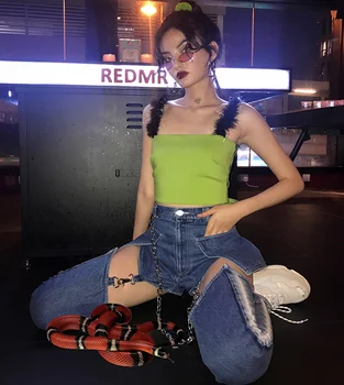 

Cakucool New Cool Streetwear Pants Women Removable Metal Clasp Chain Two ways Wearing Denim Capris Hot Sexy Jeans Trousers Femme