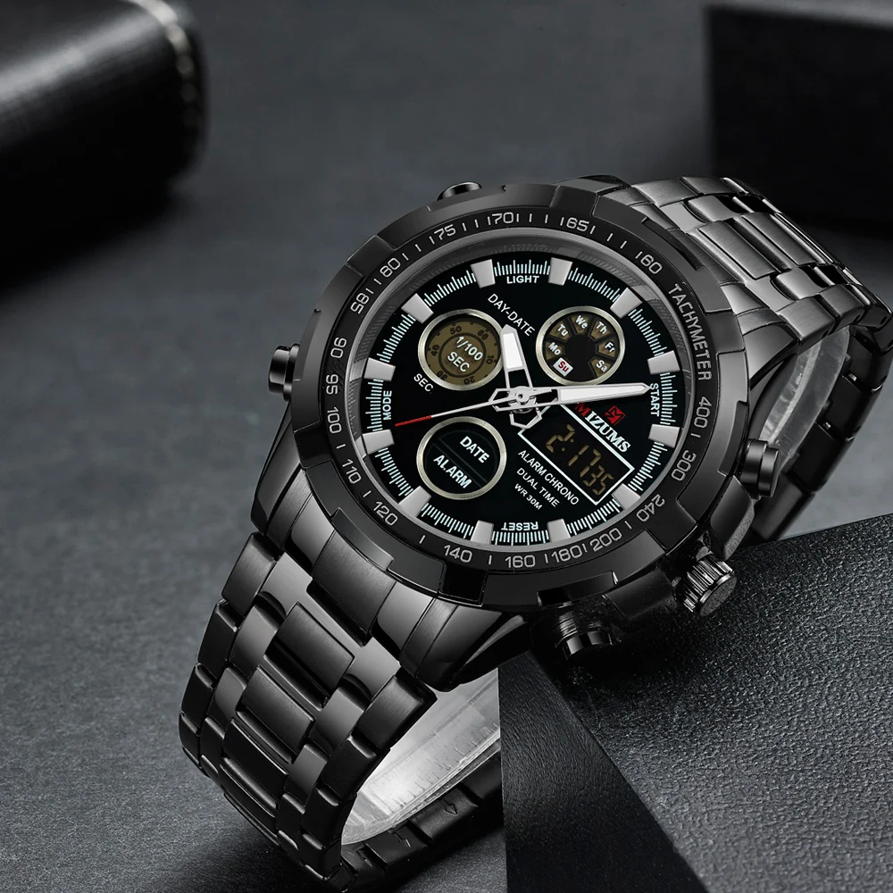 Fashion Brand Men Sports Watches with gold stainless steel band Digital Analog Watch Army Military Waterproof Male LED Clock Relogio Masculino mizums (1)