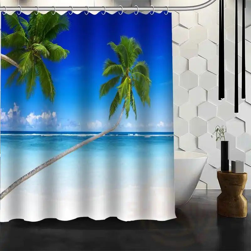 Best Nice Custom Ocean Beach Huts Palm Trees Shower Curtain Bath Custom Ocean Beach Huts Palm Trees
