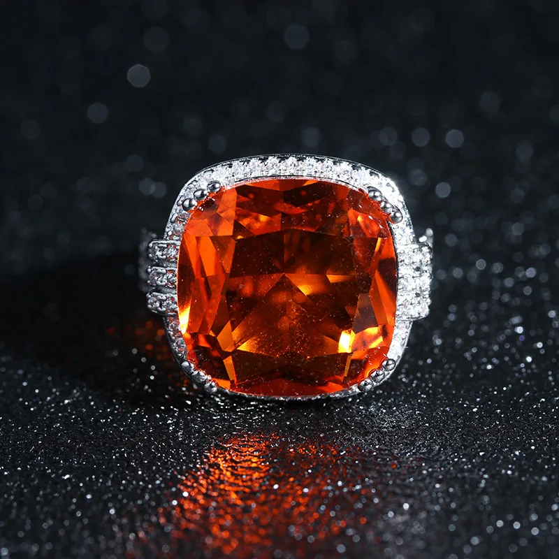Роскошное увеличенное оранжевое кольцо с большим Цирконом для женщин, модное 925 Серебряное кольцо с геометрическим квадратным камнем, вечерние ювелирные изделия anillos
