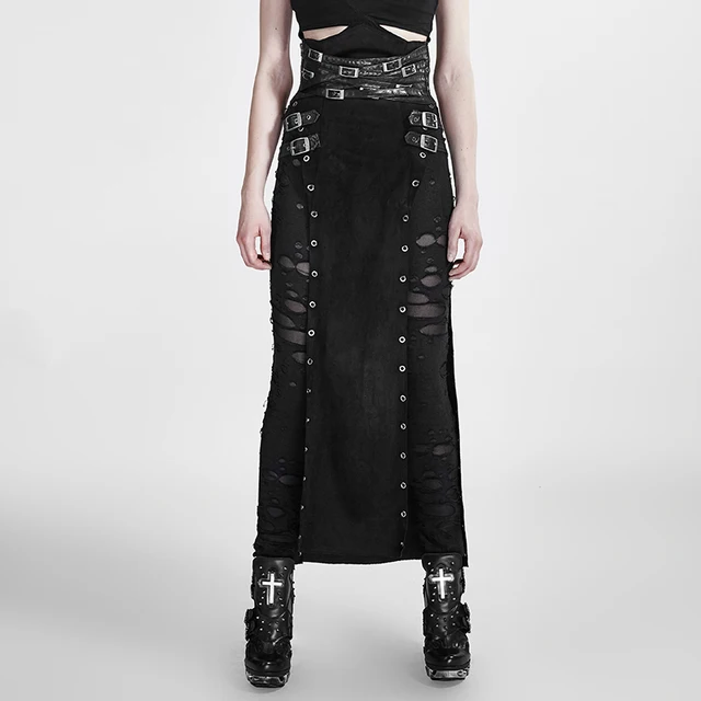 Casual Punk Pu Gótico Cintura Hermosa Warrior Cuero Mujer Negro Steampunk Larga Alta Falda Faldas Split OqwrOgP