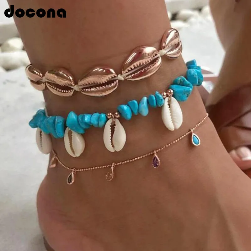 

Docona Beach Boho Green Stone Sea Shell Colorful Crytal Beaded Anklet Bracelet Set for Women Charm Barefoot Jewlery Gift 7073