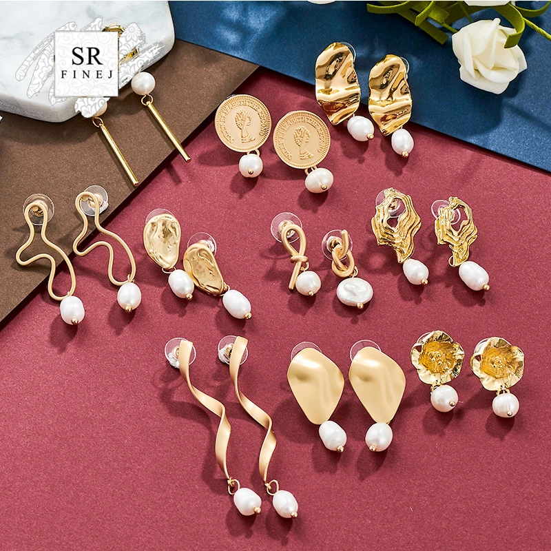 

SR:FINEJ Korea Design Metal Gold Geometric Irregular Circle Square Natural Freshwater Pearl Drop Earrings for Women Girl Gift