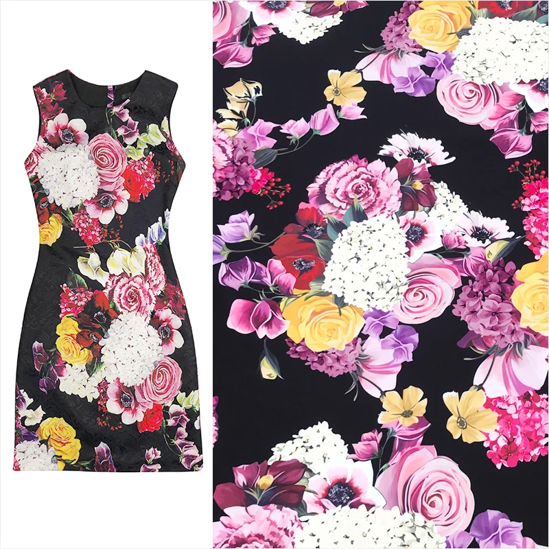 

Hydrangeas and Flowers Thick Black Four Way Stretch Polyester Fabric for Woman Summer Dresses Skirts Blouse Pants DIY-AF990