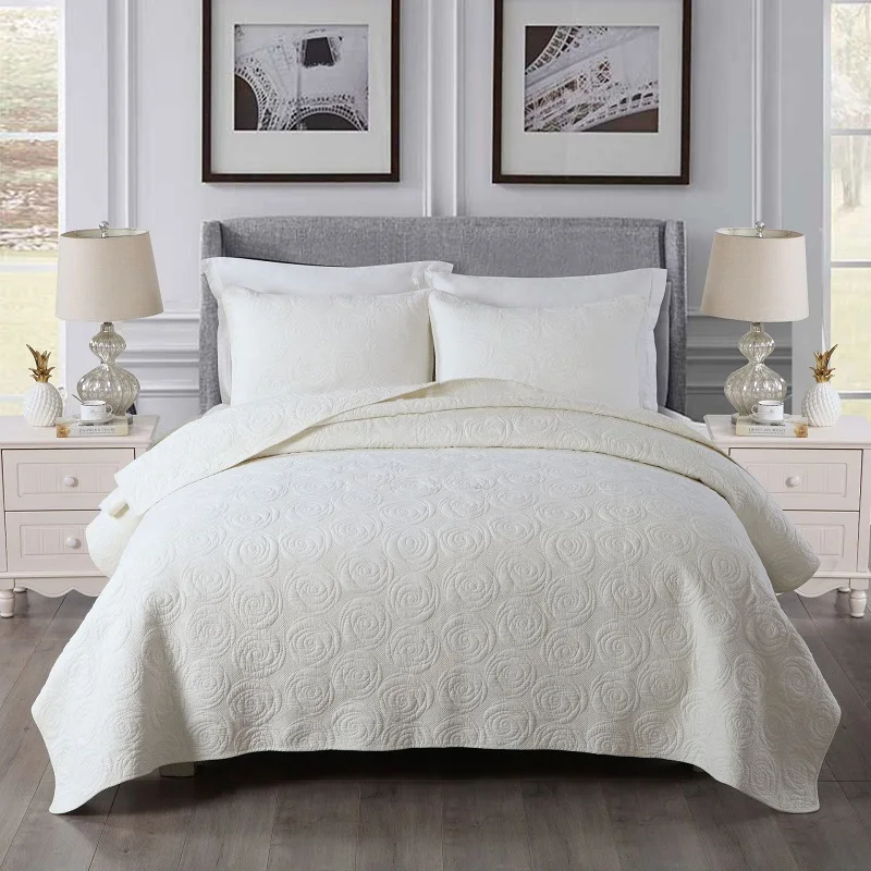 

CHAUSUB Solid Bedspread Quilt Set 3PCS Rose Embroidered Cotton Quilts Quilted Bed Cover Pillow Shams King Queen Size Coverlets