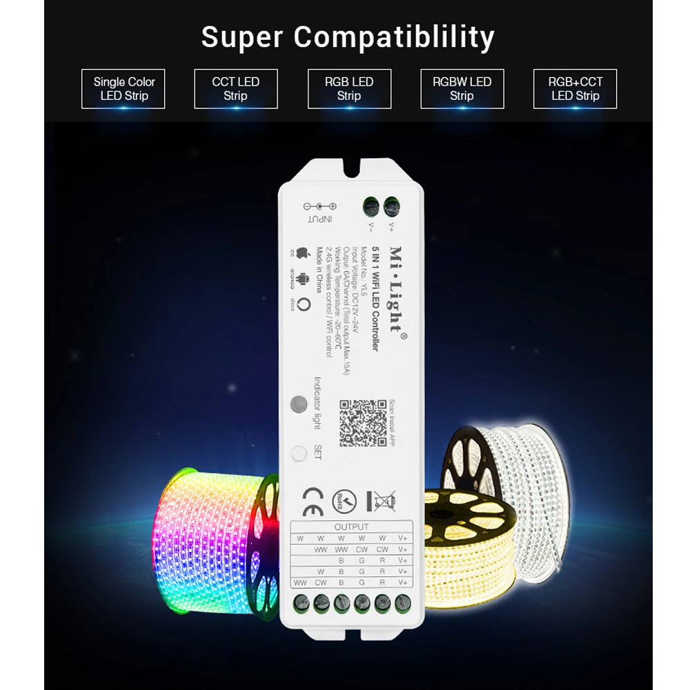 

Milight YL5 5 in 1 LED WIFI Controller For RGB RGBW RGB CCT Single color led strip light Amazon Alexa Voice phone App Remote