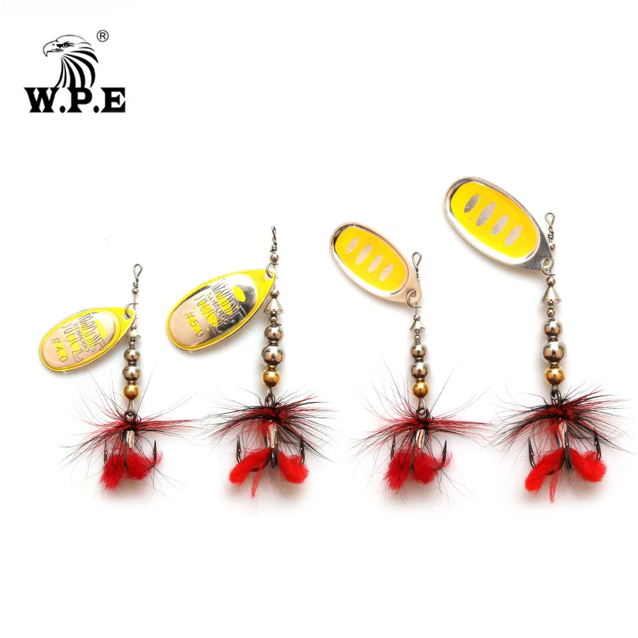  W.P.E Brand  Spoon Lure 1pcs 4#/5# Spinner Lure Bass Fish Hard Lure Brass Swim Bait Feather with Tr