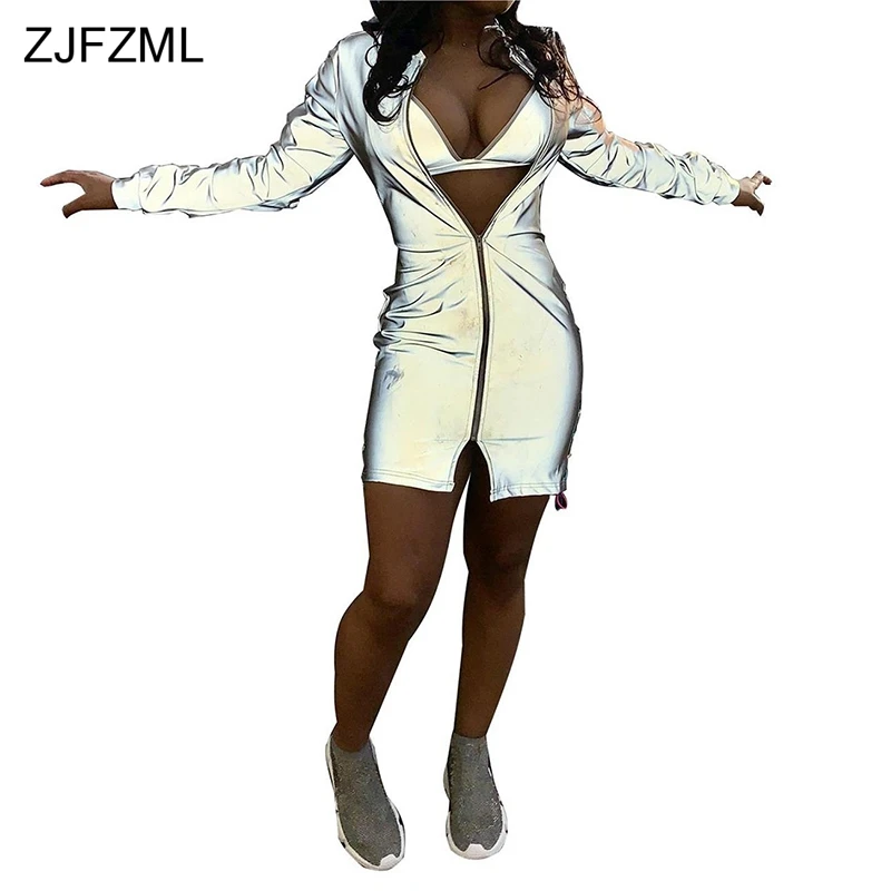 

Reflective Flash Harajuku Sheath Dress Women Long Sleeve Front Zipper Party Dress Fashion Grey High Waist Slim Fit Bodycon Dress