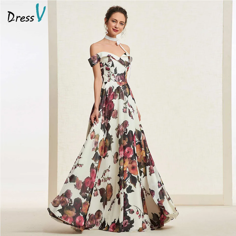 

Dressv printing long prom dress off the shoulder a line simple zipper up floor length evening party gown prom dresses