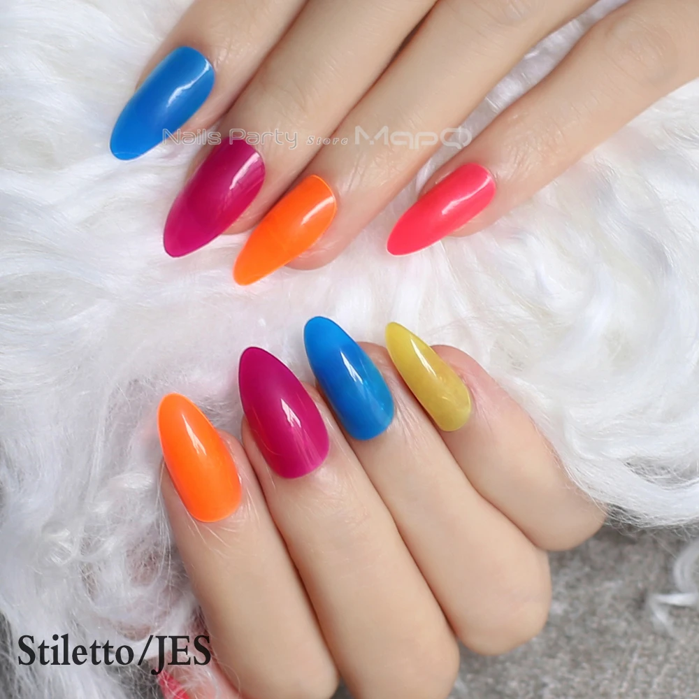 pix Coffin Blue And Yellow Acrylic Nails 24pcs stiletto glossy jelly nails red pink medium fake nails blue jelly coffin yellow false nail candy color orange transparent