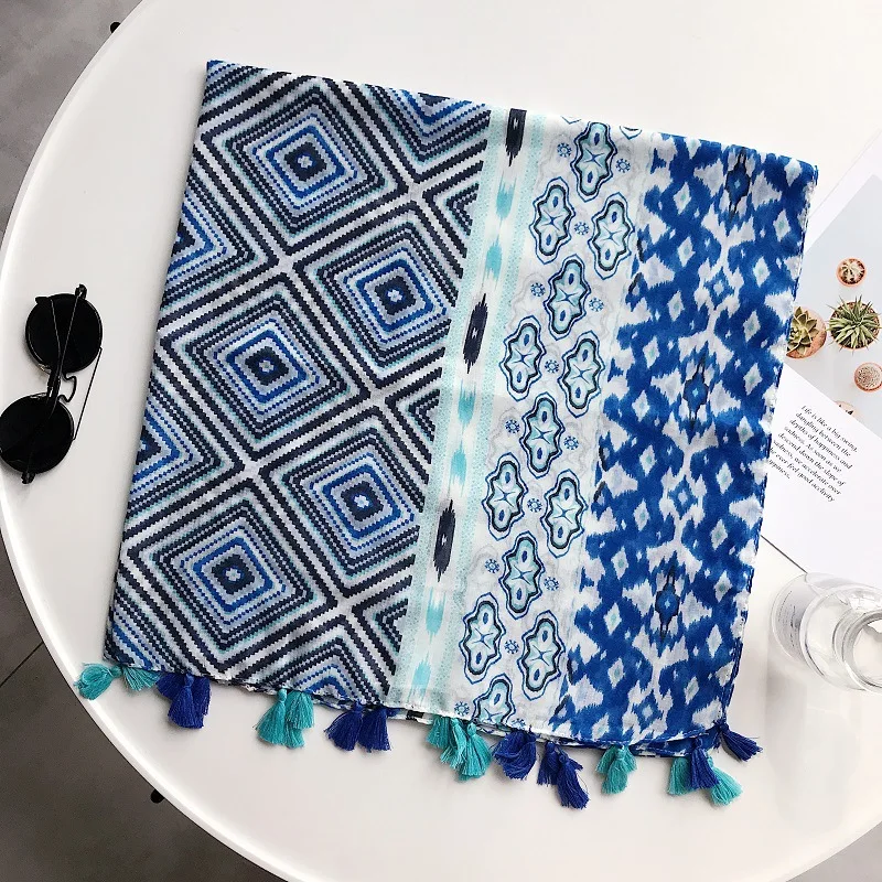 

KYQIAO moda mujer 2019 Bufandas Mujer Muslim Hijab Sjaal women winter long boho ethnic blue print scarf shawl wraps