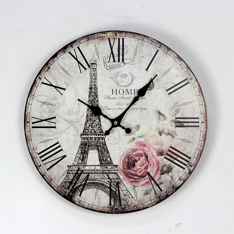 35CM Paris Eiffel Tower British Style Wood Wall Clocks Coffee Shop