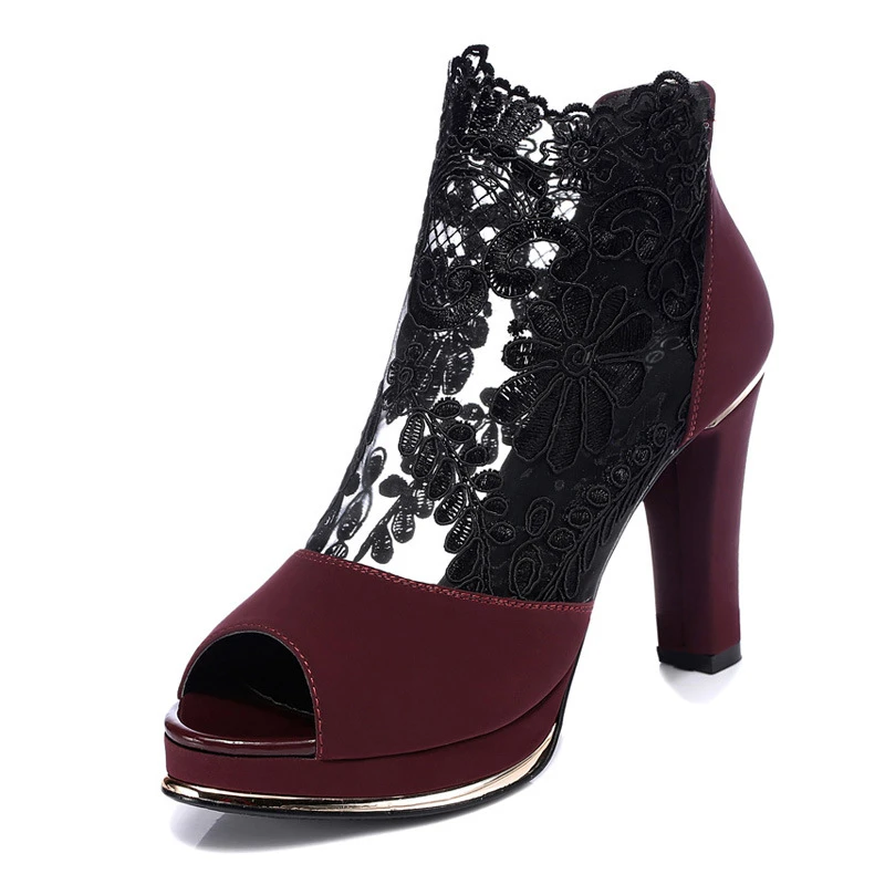 

New Women's High-heeled Transparent Gauzes Shoes with Coarse Gauze Lace Fish Mouth Sandals Women Lace Flower Sandals