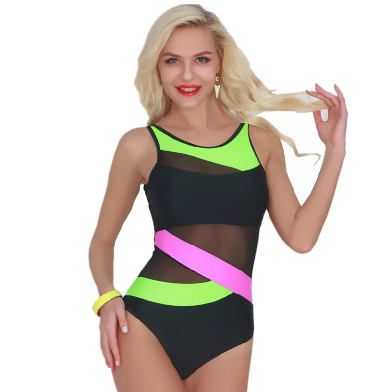 

Womens Splicing Mesh One Piece Swimsuit Vintage Monokini High Waist Bathing Suit 2019 Push Up Simple Candy Color Swimwear