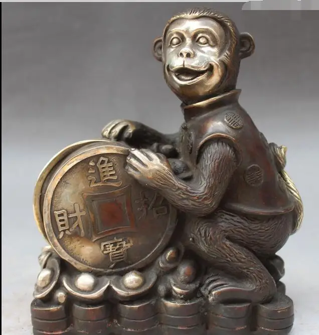 8" Chinese Bronze Silver Wealth Yuanbao Money Monkey Monkeys Animal