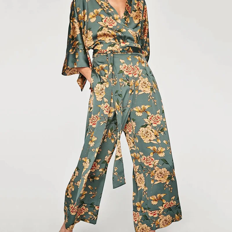 

vintage floral V neck jumpsuits wide leg pants sashes backless pleated fashion rompers summer casual playsuits