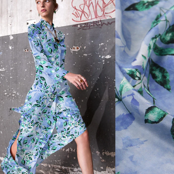 

135CM Wide 12MM Green Leaves Print Thin Blue Silk Crepe de Chine Fabric for Summer Dress Shirt Clothes Cheongsam D938