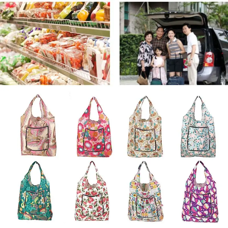 

Foldable Handy Shopping Bags Printing Reusable Tote Pouch Recycle Storage Handbags Organizer